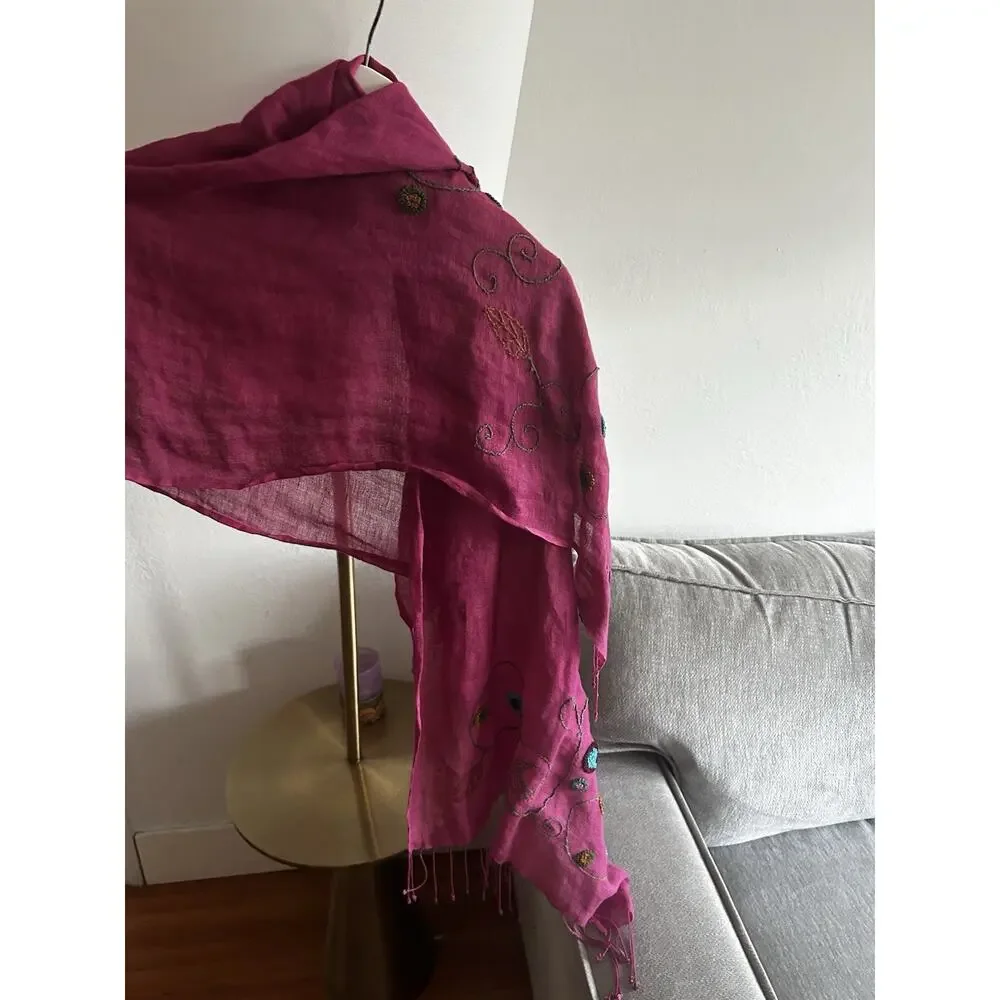 Tarnish Made In Italy Scarf Linen Blend Pink Embroidery